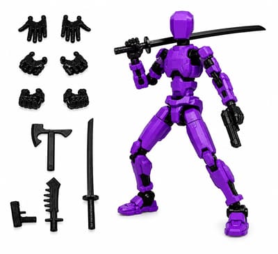 Enluxe Paarse T13 Stick Action Figure – Flexibele Beweegbare Pop, Verwisselbare Handen en Speelgoedwapens, Creëer je Eigen Gevechtsscene, Perfect voor Kinderen en Verzamelaars