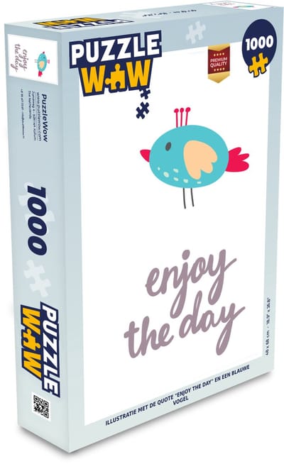 Puzzel Illustratie met de quote "Enjoy the day" en een blauwe vogel - Legpuzzel - Puzzel 1000 stukjes volwassenen