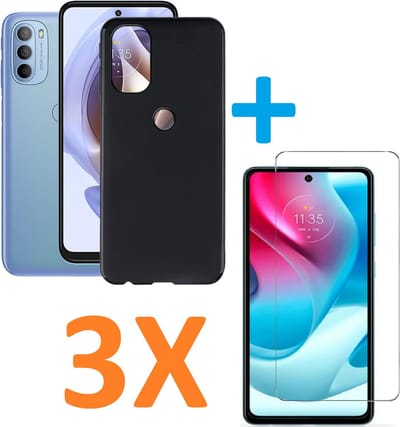 Soft TPU Zwart hoesje Silicone Case + 3 stuks Glas Screenprotector Geschikt voor: Motorola Moto G60 / G60s