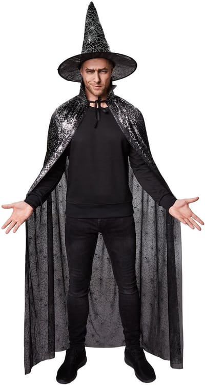 dressforfun - Unisex volwassenen set hoed en cape spinnenweb 150 cm - verkleedkleding kostuum halloween verkleden feestkleding carnavalskleding carnaval feestkledij partykleding - 301655
