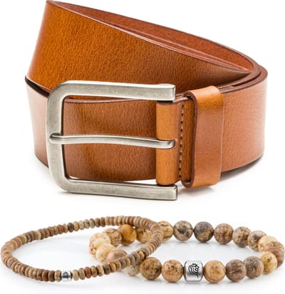 DTCH.FIT Kralen armband Flynn Cognac one size & Leren riem Mason Cognac - 4cm breed - 85cm - Totale lengte 100cm