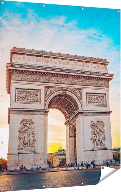 Gards Tuinposter Arc de Triomphe in Parijs met Zonsondergang - 120x160 cm - Tuindoek - Tuindecoratie - Wanddecoratie buiten - Tuinschilderij