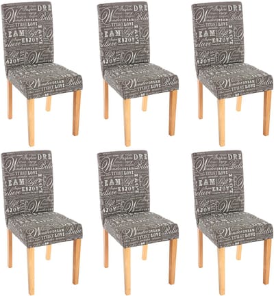 Set van 6 eetkamerstoelen Keukenstoel Littau ~ textiel met letters, grijs, lichte poten