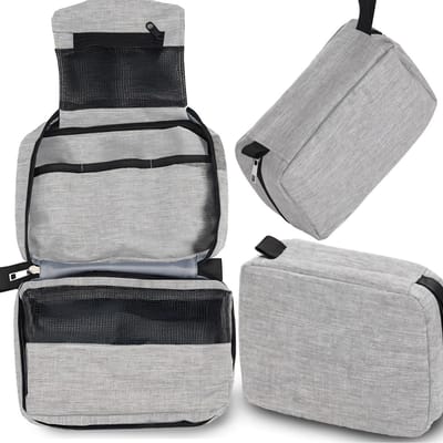 Famanu - Toilettas met haak om op te hangen, reis-toilettas met ritssluiting, cosmeticatas met 5 vakken, cosmeticatas voor dames, heren, kinderen, toilettas voor shampoo, grijs, grijs, Classic