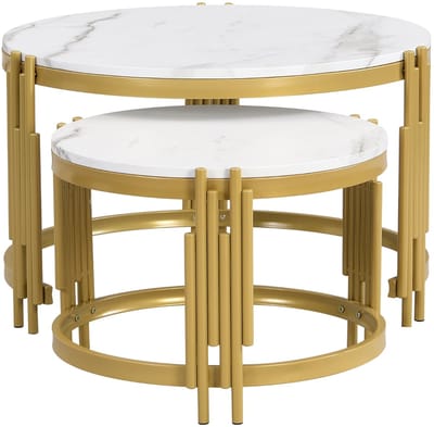Ronde Salontafel Set van 2 - Modulaire Tafels met Marmerlook Tafelblad - Gouden Metalen Frame - Woonkamer - Wit