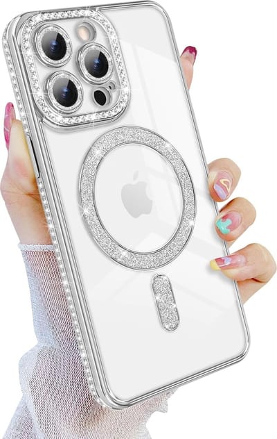 Magnetische Case Hoes Geschikt voor: iPhone 16 Pro Max [Compatibel met Magsafe] Sparkle Clear Glitter Luxe Schokbestendig Antislip Meisjes Vrouwen - Zachte TPU Cover - Zilver
