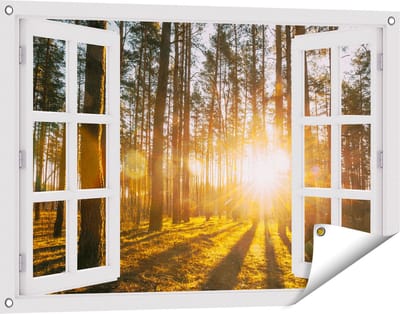 Gards Tuinposter Doorkijk Zonsopkomst in het Bos tussen de Bomen - 90x60 cm - Tuindoek - Tuindecoratie - Wanddecoratie buiten - Tuinschilderij