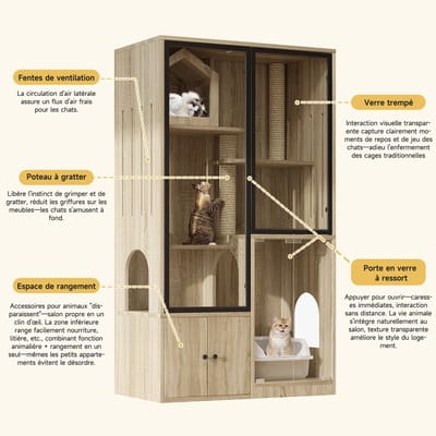 HAUSS SPOLE Kattenkast - Glazen Panoramadeur Met 4 Niveaus En Krabpaal - Voor Woonkamer Balkon - MDF En Glas - 90x50x160 Cm - Naturel