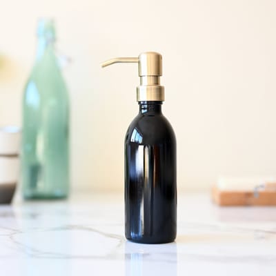 Groeikruid® Zeeppompje vrijstaand | Zeepdispenser glas | Vrijstaand | 250 ml violet glas | RVS pompkop | Bronsgoud