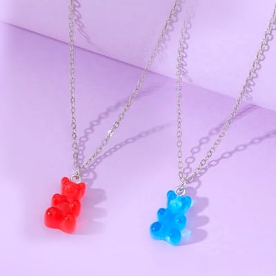 BFF Ketting voor 2 met Gummy Bear Blauw & Rood - Zilverkleurig Koord - Vriendschapsketting Cadeau voor Twee - Pax Amare