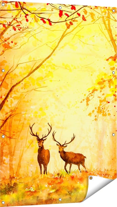 Gards Tuinposter Getekende Herten in het Bos - Herfst - 80x120 cm - Tuindoek - Tuindecoratie - Wanddecoratie buiten - Tuinschilderij