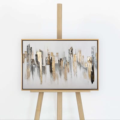 YS Schilderij "City Rhythms" - Handgeschilderd canvas schilderij - Wanddecoratie Moderne kunst - Grijs en goud - Woonkamer - Muurdecoratie woonkamer - Slaapkamer decoratie - Kamer accessoires - Schilderijen woonkamer Gold 60x40