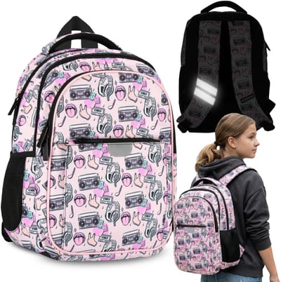 Muziek, Schoolrugzak met versteviging voor meisjes, met reflecterende elementen, vier vakken 40x29x20cm, 23l