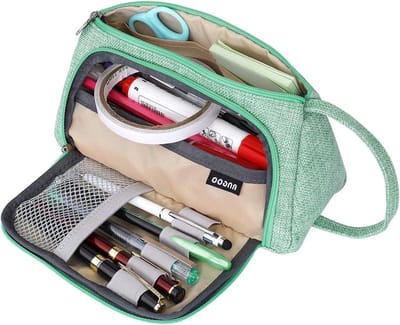 SnelShoppen - Etui met grote capaciteit, potloodzak met houder, pennenzak voor school, kantoor en make-up, duurzame linnen en Oxford, groen 20x9x12 cm