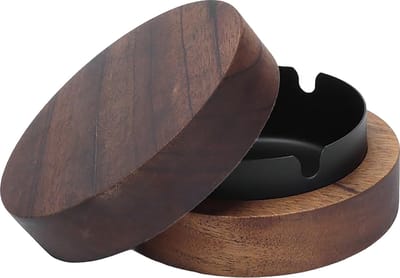 YONO Design Asbak met Deksel - Voor Binnen en Buiten - Walnoothout - Metaal - Zwart