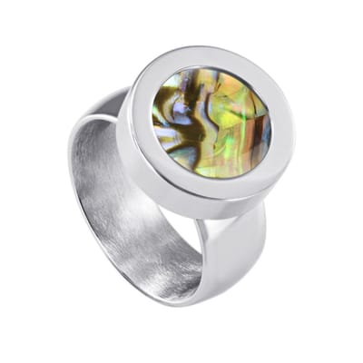 Quiges RVS Schroefsysteem Ring Zilverkleurig Glans 16mm met Verwisselbare Multi Groen Schelp 12mm Mini Munt