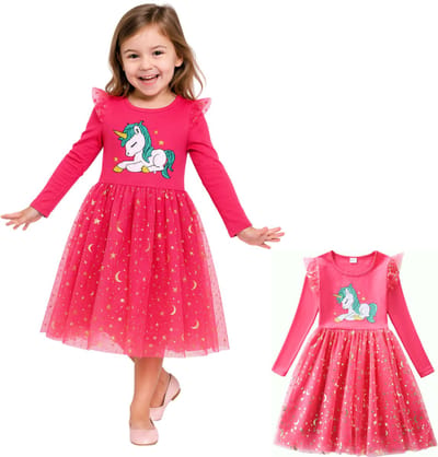 Joya Kids® Unicorn Verkleedjurk Meisjes | Hard Roze Jurkje met Lange Mouwen & Tule Rok | Comfortabele Prinsessenjurk voor Kinderen | T-shirt Stof | Prinsessenjurk meisje | Maat 130 | 6-7 Jaar