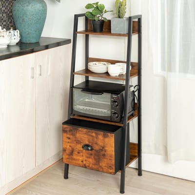 Ladder Boekenkast - Opbergrek Display - Woonkamer Organisatie - Met Lade - 42.5x29x110CM - Bruin