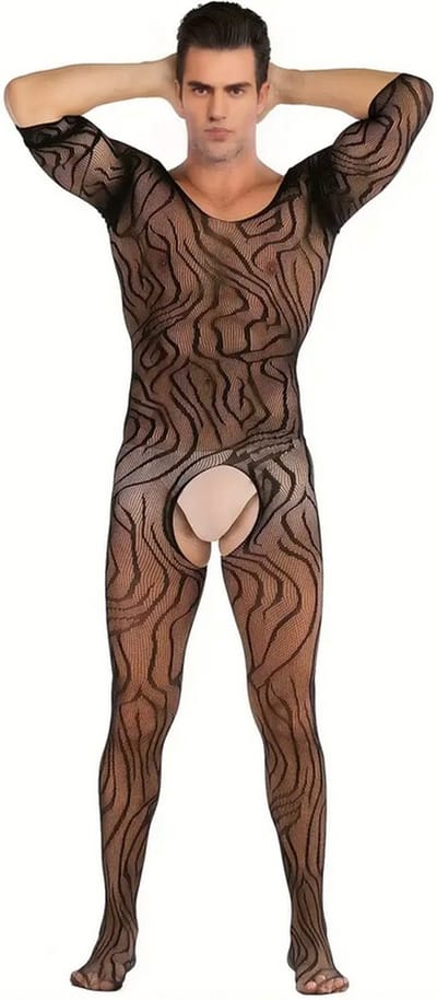 LekkerStout Doorzichtige Catsuit - Open Kruis - Zwart - Sexy Herenlingerie | M-XL | ( LS131 )