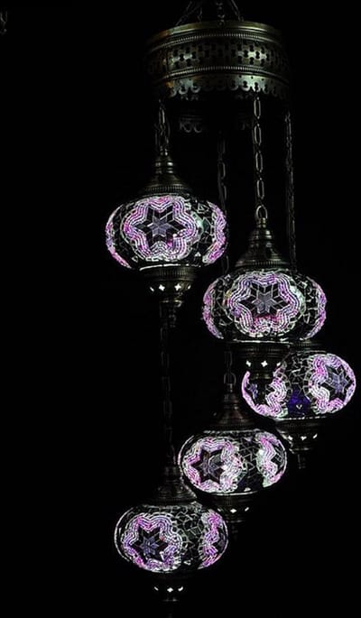 Turkse lamp - Hanglamp - Mozaïek - 5 bollen - Paars en handgemaakt met E-14 fitting