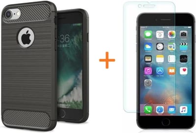 Hoesje geschikt voor Apple iPhone 7 - Rugged Armor / Geborsteld TPU Grijs Premium Case ( Grijs Silicone Hoesje) + Tempered Glass Screenprotector 2,5D 9H (Gehard Glas)