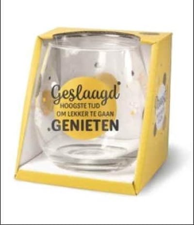 Wijnglas - Waterglas - Geslaagd hoogste tijd om lekker te gaan genieten - In cadeauverpakking met gekleurd lint