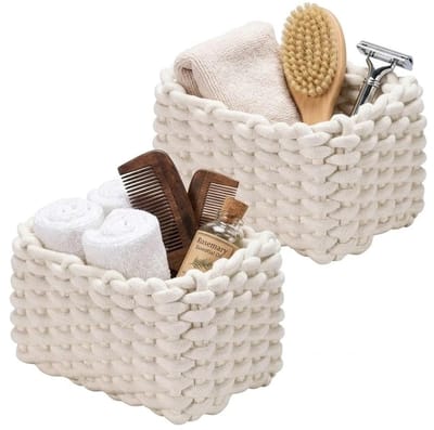 Opbergmand van katoen, gevlochten mand, voor toiletpapier, cosmetica, speelgoed, woonaccessoires, 19 x 15 x 12 cm, wit, 2 stuks