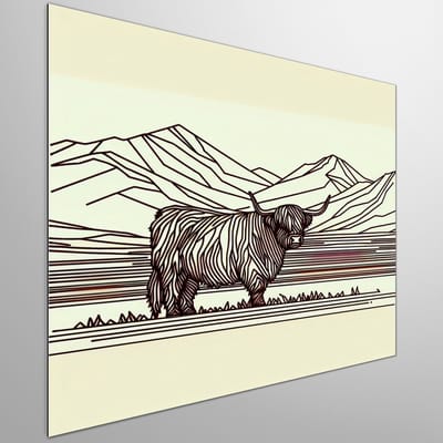Line art schotse hooglander schilderij | Hooglandse finesse: Een poëtische lijnenspel van Schotse elegantie | Kunst - 60x60 centimeter op Dibond | Foto op Dibond