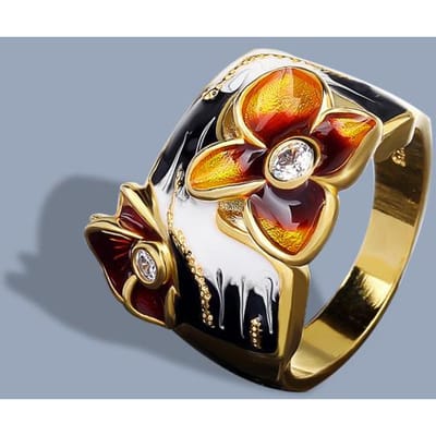Hoogwaardige nieuwe handgemaakte geëmailleerde oranje bloemenring van 925 zilver, jubileum, feest, verloving, bruiloft, sieraden, cadeau 8 wit