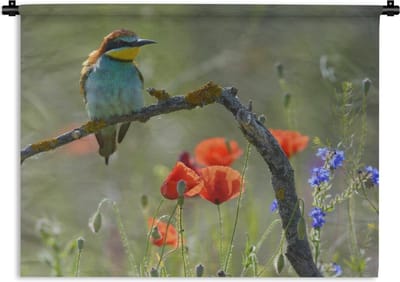 Wandkleed Bijeneter - Een Bijeneter tussen de mooie bloemen Wandkleed katoen 180x135 cm - Wandtapijt met foto