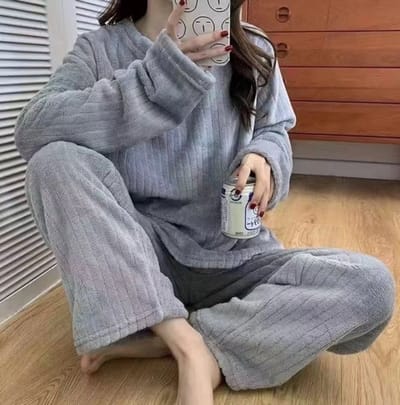 Winter Pyjama Set Dames Maat M | Flanellen O-hals Gestreepte Fleece Top & Elastische Taille Broek | Zachte Koraal Fleece Nachtkleding | Casual & Comfortabel | Dames Pyjama Set | Winter Pyjama | Lounge Wear | Nachtkleding Dames | Warme Pyjama