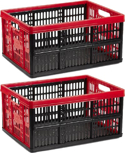 PlasticForte Boodschappenkrat - 2x stuks - 32L - 48 x 35 x 24 cm - vouwkrat - opvouwbaar - zwart/rood
