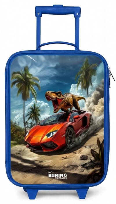 NoBoringSuitcases.com® - Kinderkoffer blauw - Kindertrolley jongen - Rode sportauto met dino raast door tropisch strand - Koffer kind lichtgewicht - Reiskoffer trolley voor kinderen - Koffertje met lichtgevende wieltjes - Rolkoffer