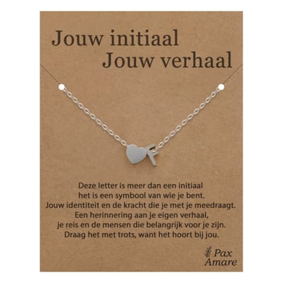 Letter F ketting op Cadeau Kaartje - Jouw initiaal, jouw verhaal - 45cm Zilverkleurig Stainless Steel - Initiaal & Hartje Hanger - Pax Amare