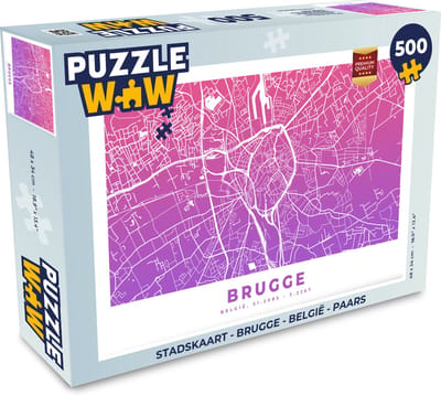 Puzzel Stadskaart - Brugge - België - Paars - Legpuzzel - Puzzel 500 stukjes - Plattegrond