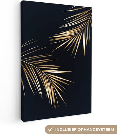 Gouden schilderij - Bladeren - Zwart - Goud - Tropische planten - 120x180 cm - Wanddecoratie