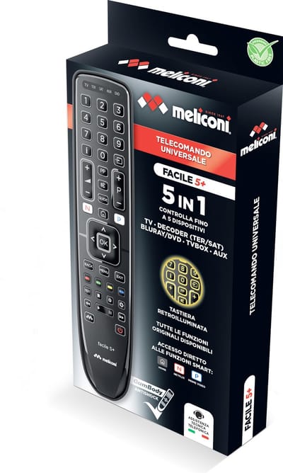 Meliconi Gumbody Facile 5+ afstandsbediening DVD/Blu-ray, Home-audiosysteem, Home cinema-systeem, Sky, Soundbar-luidspreker, TV Drukknopen