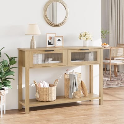 Statafels, consoletafel met 2 glazen lades, entreetafel met legplanken, geschikt voor woonkamer en hal, natuurlijk hout