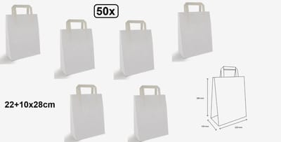 50x Papieren tas wit platte handgreep 22x10x28cm - Tasje goodiebag festival uitdeel thema feest verpakking