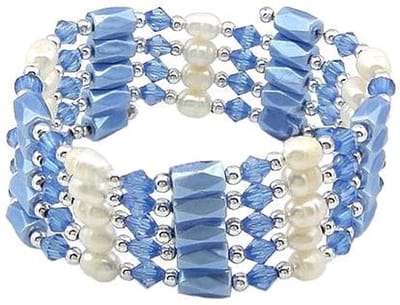 Zoetwater parel armband Wrap Magnetite Blue Pearl - echte parels - magnetiet - wit - blauw - wikkelarmband - luxe sieraden zakje - parel armband dames - zoetwaterparel