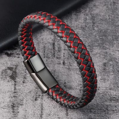 Trendy Heren Sieraden Rood Gevlochten Leren Touw Armband Zwarte Magnetische Sluiting Armbanden Punk Heren Polsband Pulsera Hombre 18.5cm gray