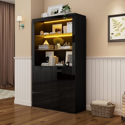 MODENUIT Vitrinekast - Met Ledverlichting En 2 Deuren - Voor Woonkamer - MDF En Glas - Zwart - 100x35x170 Cm