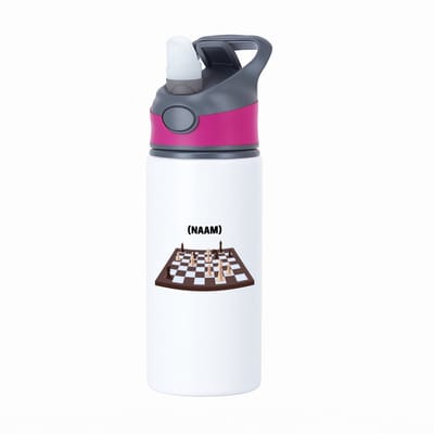Hacebo® - Schaken met eigen naam waterfles met rietje roze - Schaken - Schaker - Denksport - water fles - 650ML