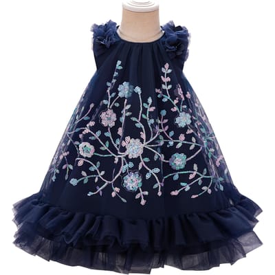 Meisjes Bloemenborduursel Feest Tutu Jurk Kinderen Blauw Doop Bruiloft Prom Jurken Meisje Zomermode Kinderen Vakantiekleding 110cm marineblauwe kleur
