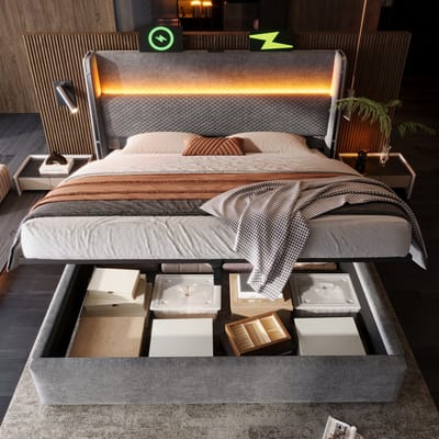 VVBV Opbergbed Tweepersoonsbed 140x200 cm - LED-Verlichting, USB-C Laadstation, Lades, Remote - Linnen Grijs Zonder Matras