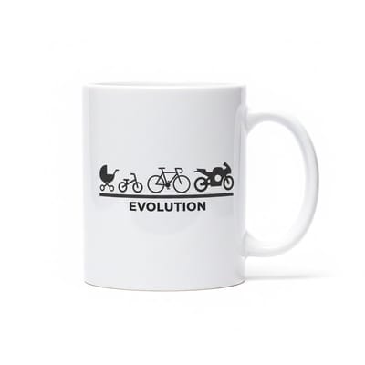 “Evolution” Mok 330 ml – Levensfasen Fiets tot Motor Ontwerp – Uniek Cadeau voor Bikers, Fietsers & Motorliefhebbers