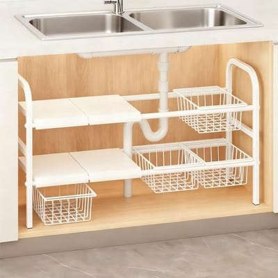 Sink Organiser met 4 Verwijderbare Mandjes en 4 Paneeltjes, Uitbreidbaar Opslagsysteem voor Keuken en Huishouden, Wit en Praktisch voor Organisatie