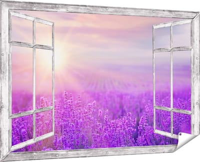 Gards Tuinposter Doorkijk Bloemenveld met Paarse Lavendel - 180x120 cm - Tuindoek - Tuindecoratie - Wanddecoratie buiten - Tuinschilderij