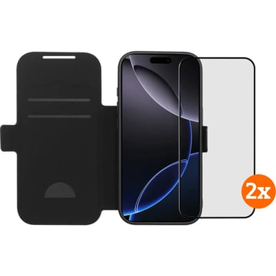 BlueBuilt Apple iPhone 17 Pro Book Case Leer Zwart + Screenprotector Glas Duo Pack