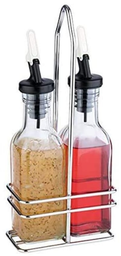 APS Olie en azijn set - 2 glazen flessen 120 ml - Chroom houder met druppelvrije schenktuit